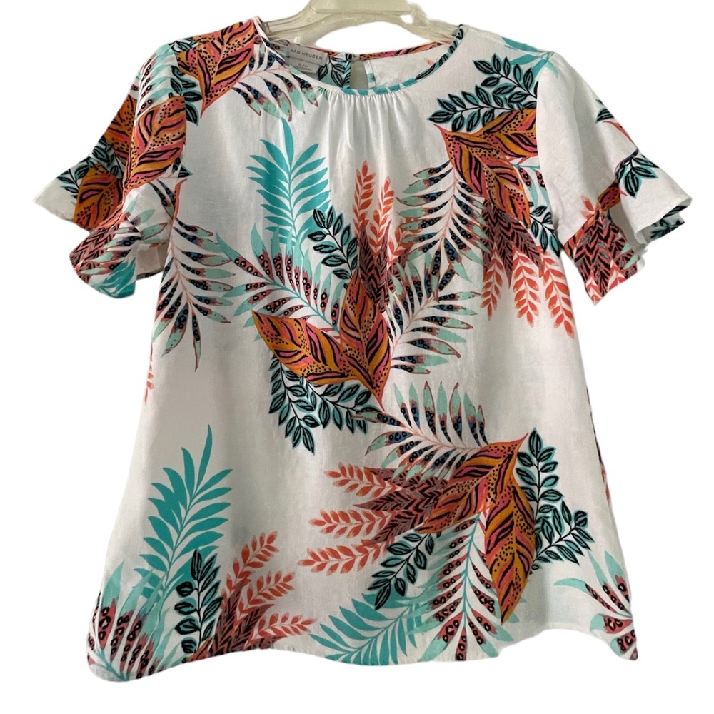 Van Heusen Blouse, floral Blue Top, Womens top, Womens Blouse, Size Small top